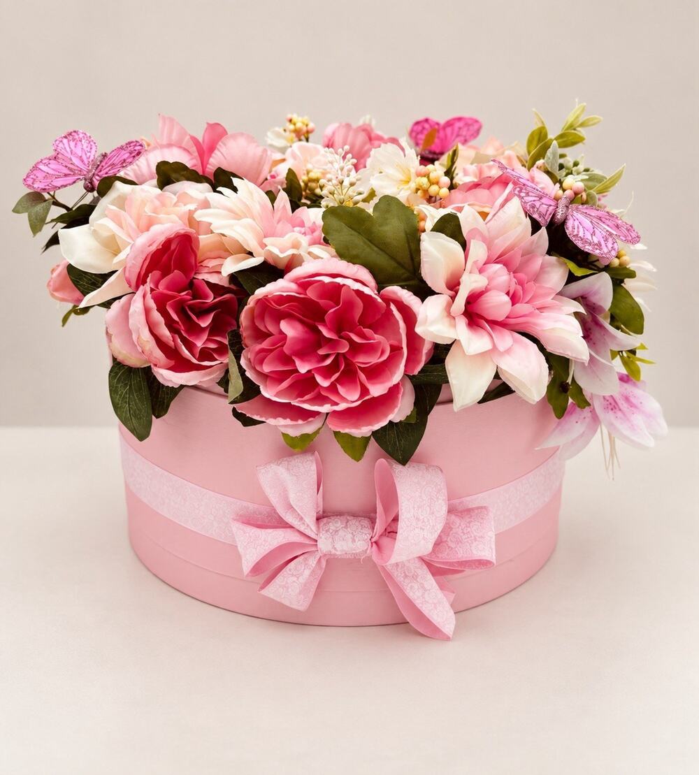 Pink Floral Arrangement with Butterflies 20” W x 12” H
